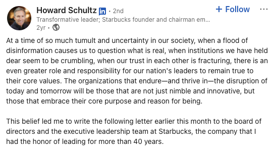 Howard Schultz LinkedIn post